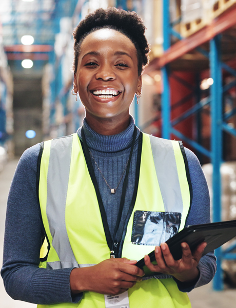 Black woman portrait and tablet in warehouse — Business process outsourcing & offshore staffing | Sourcefit