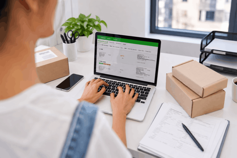 Woman processing orders on a laptop beside packed boxes: Offshore Staffing & BPO Across 6 Countries